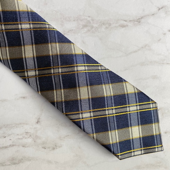 Chaps Other - CHAPS Men's Tie Silk Plaid Classic Work Spandex Stretch Navy Yellow